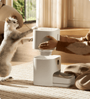 Cat interacting with a white pet fountain in a home setting